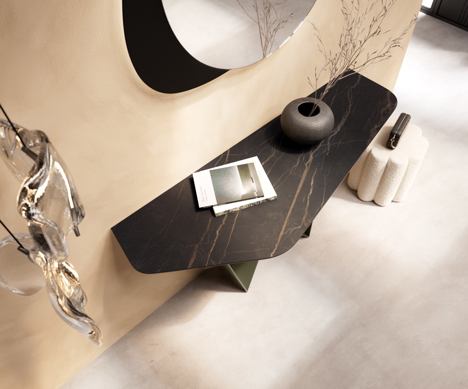 Konsolentisch Edge Polygonal 140x50 cm Keramik Laminam® Noir Desir Braun Spios Metall Effektfinish Titan 2
