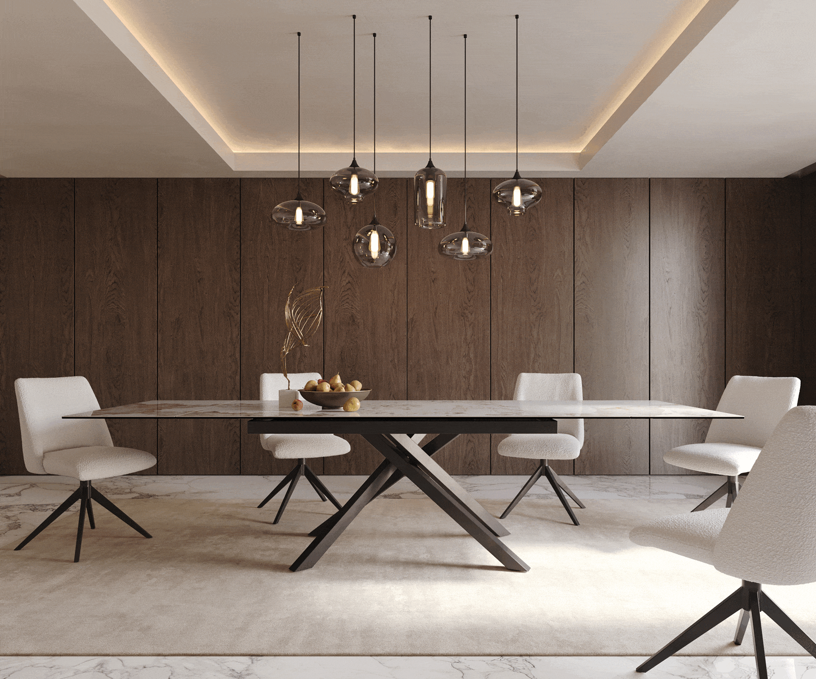 Esstisch Edge 200-300x100 Keramik Minas Melange Weiß-Beige Kreuzgestell Rechteck Schwarz ausziehbar 1