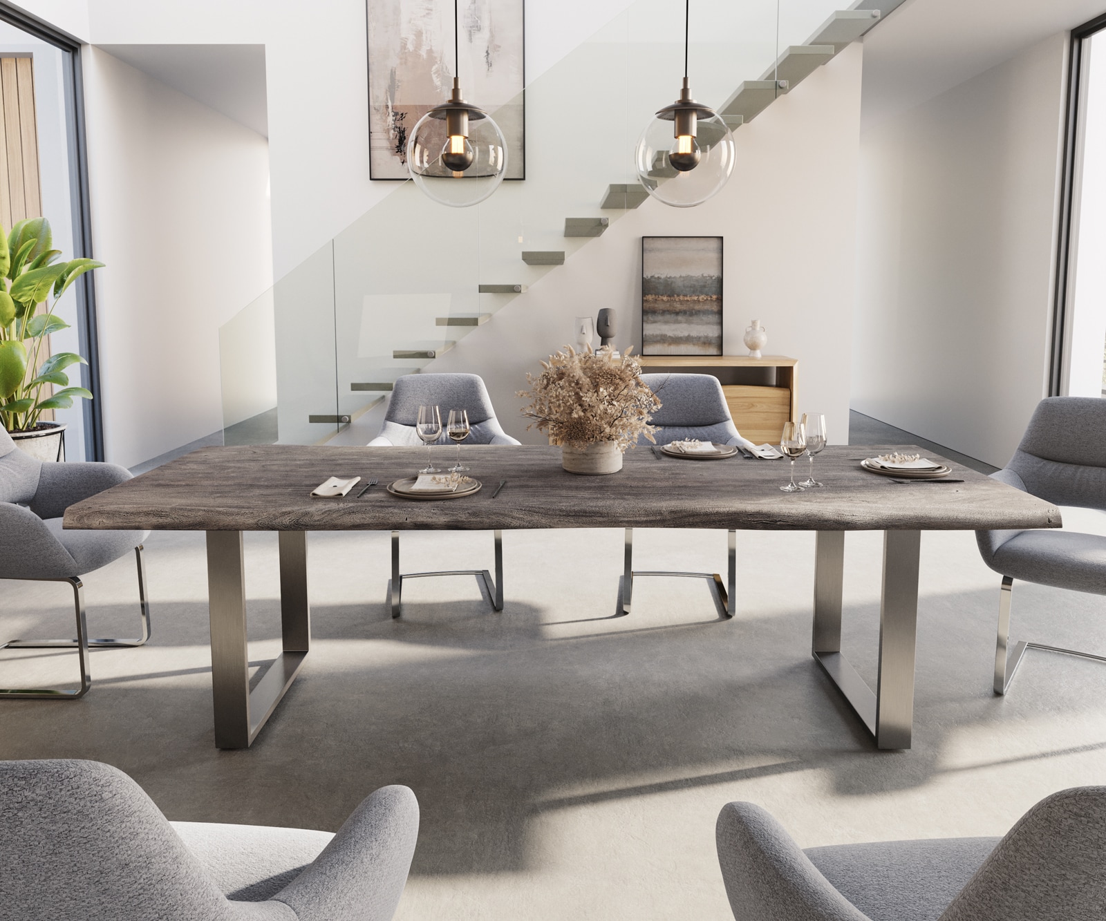 Esstisch Edge 260x100 XL Akazie Platin Edelstahl Schmal Live-Edge 1