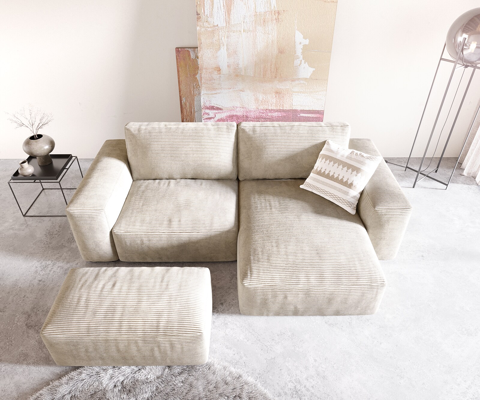 Ecksofa Lanzo 230x155 cm Cord Beige Recamiere variabel mit Hocker 3
