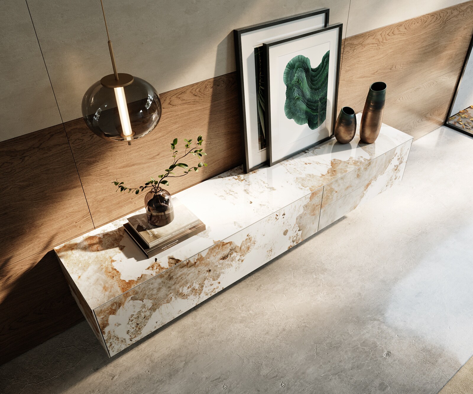 Lowboard Cuor 220 cm Keramik Minas Melange Weiß-Beige 1 Klappe 2 Schubfächer Schwebend 3
