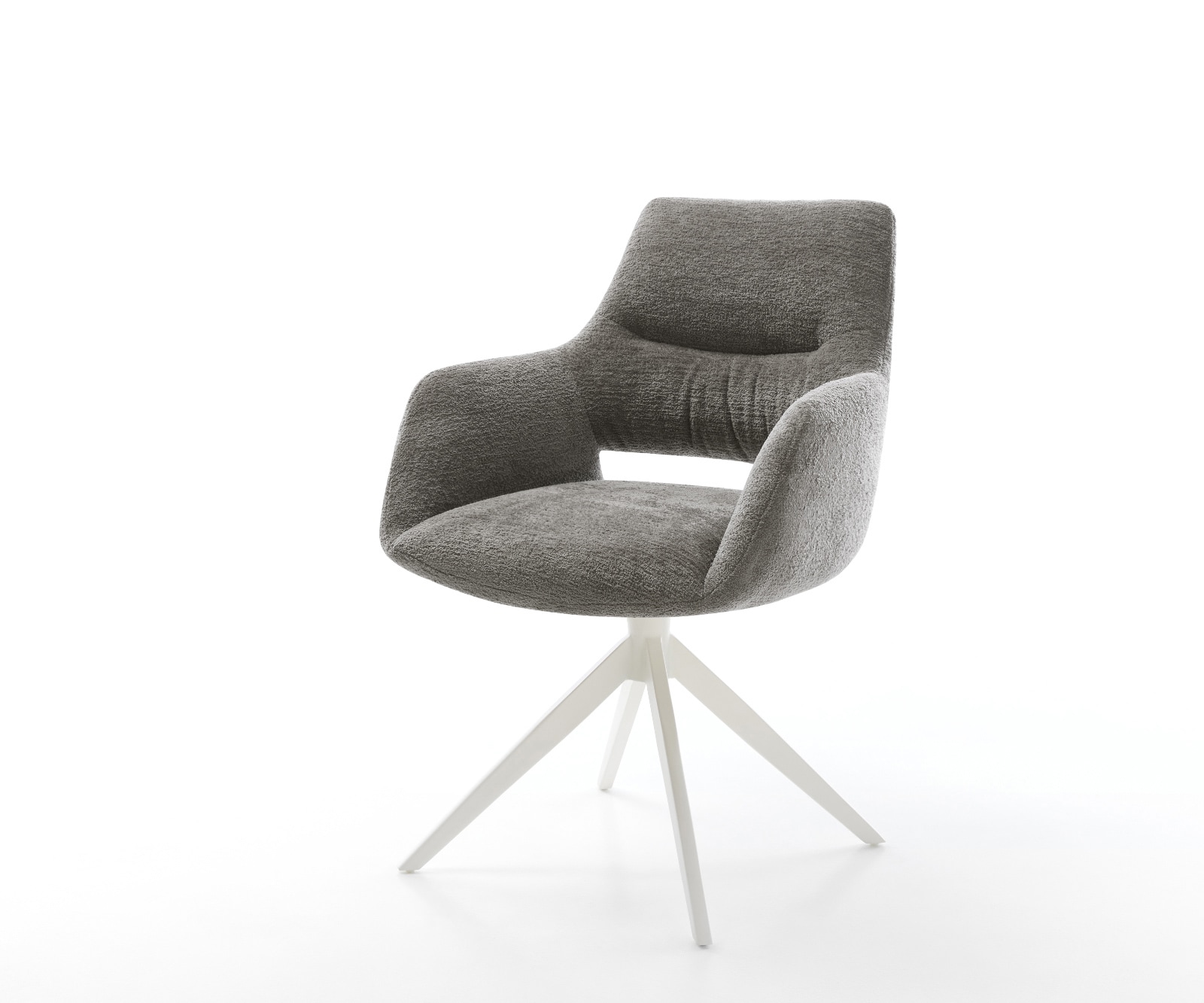 Drehstuhl Yago-Flex mit Armlehnen Bouclé Soft Schlamm Kreuzgestell breit Weiß 360° drehbar Wippfunktion Taschenfederkern