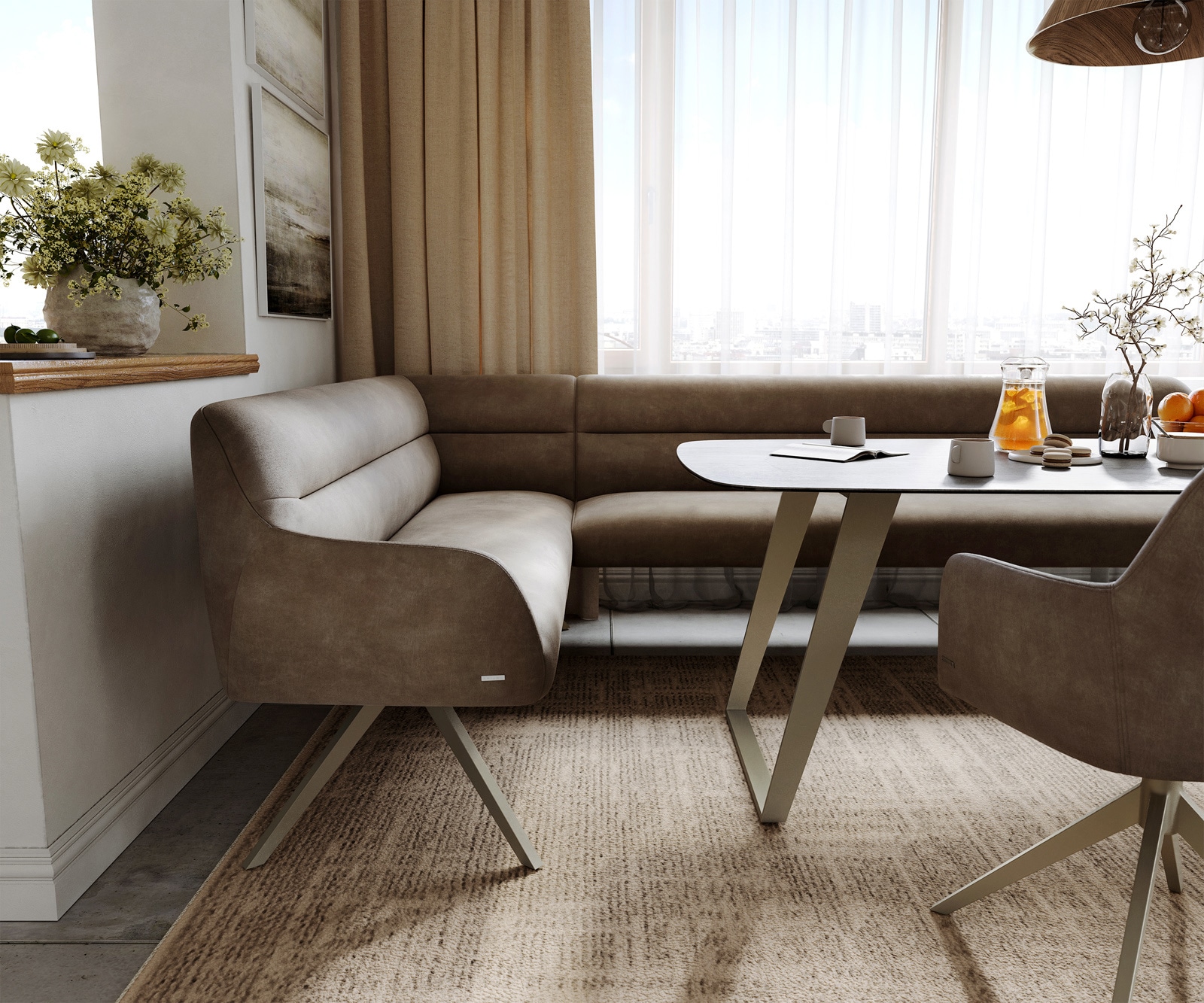 Esszimmerbank Taya-Flex 285x190 cm Mikrofaser Taupe Vintage Kreuzgestell kantig Effektfinish Titan Taschenfederkern Links 4