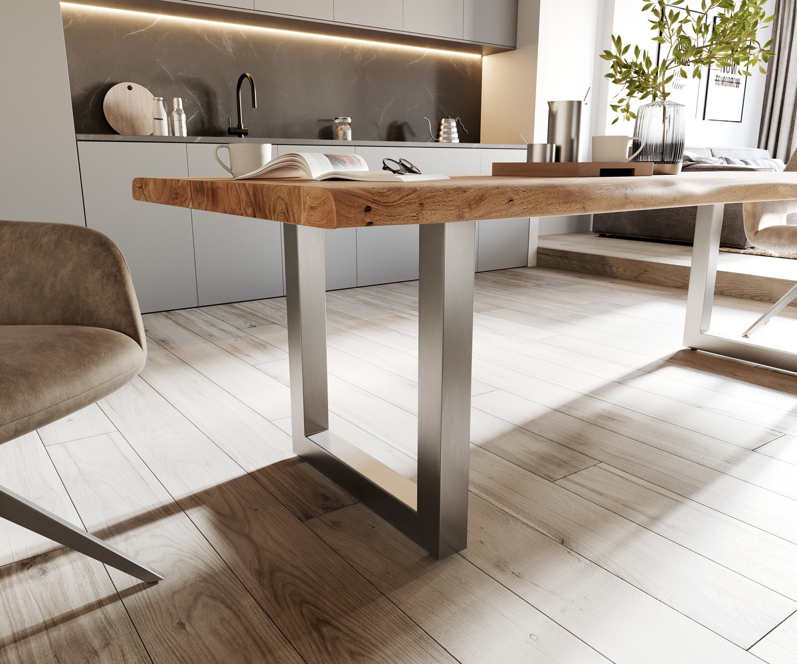 Esstisch Edge 260x100 XL Akazie Natur Edelstahl Breit Live-Edge 5