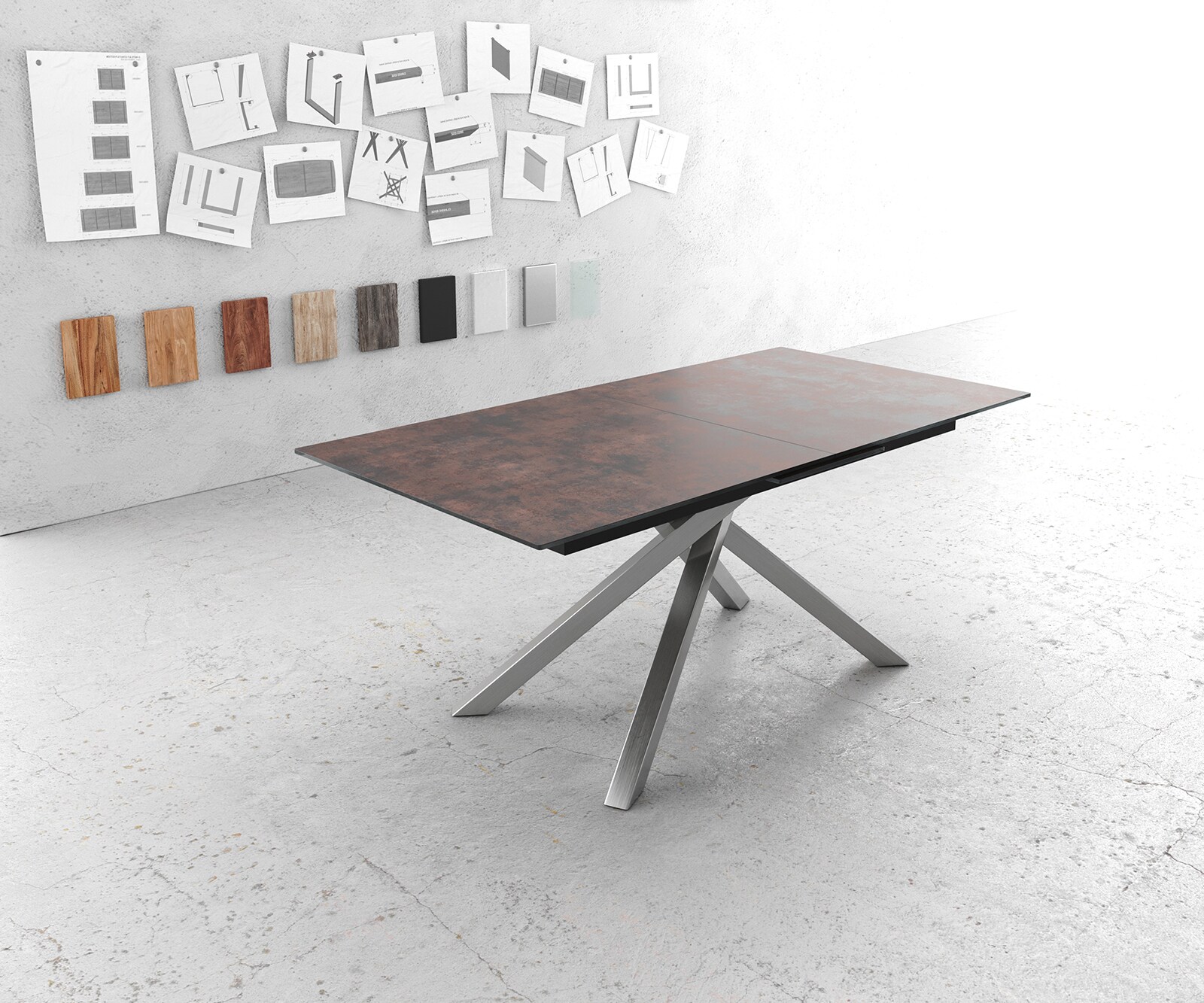 Esstisch Edge 180/220x90cm Glas Antique-braun Kreuzgestell Rechteck Edelstahl Ausziehbar 2