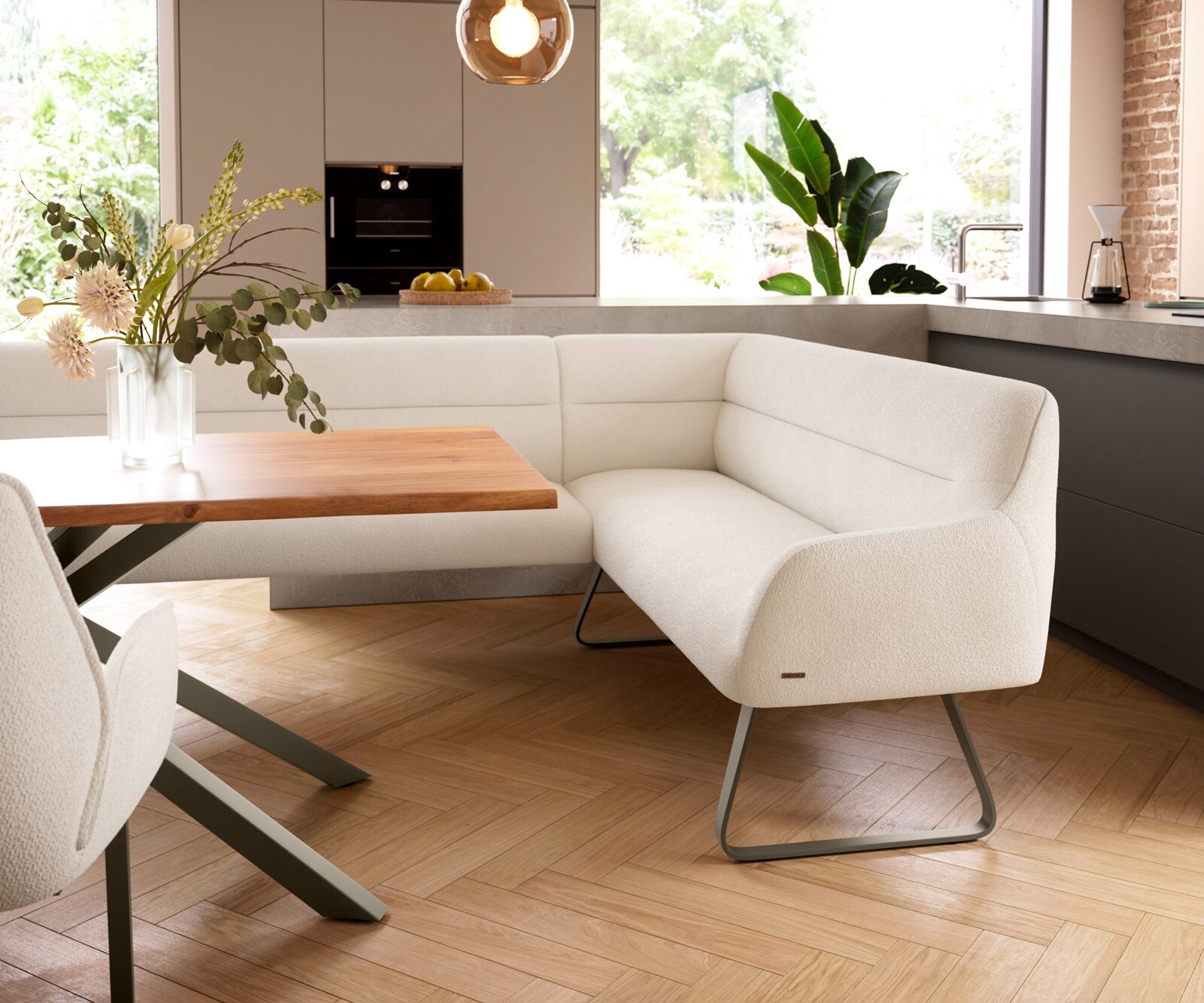 Esszimmerbank Taya-Flex 285x190 cm Bouclé Creme-Weiß Kufengestell flach Effektfinish Titan Taschenfederkern Links 4