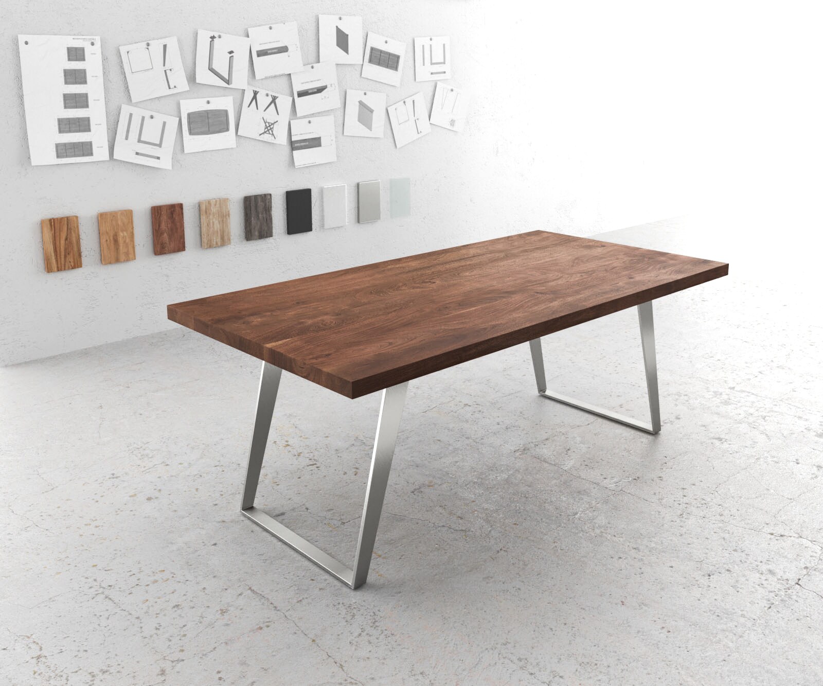 DELIFE Esstisch Edge 200x100 XL Akazie Braun Edelstahl Schräg