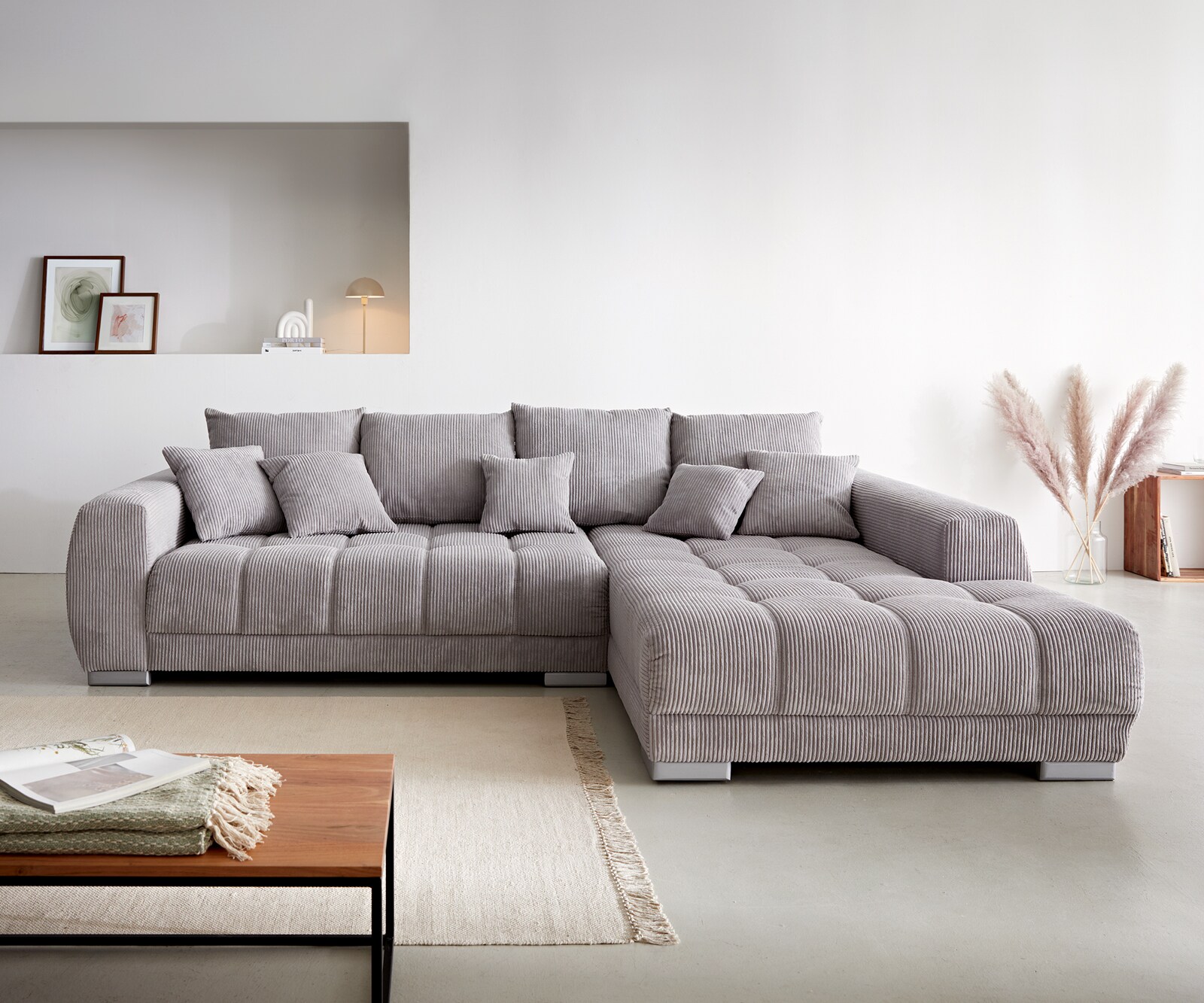 Ecksofa Josea 300x220 cm Cord Silbergrau Ottomane rechts 1
