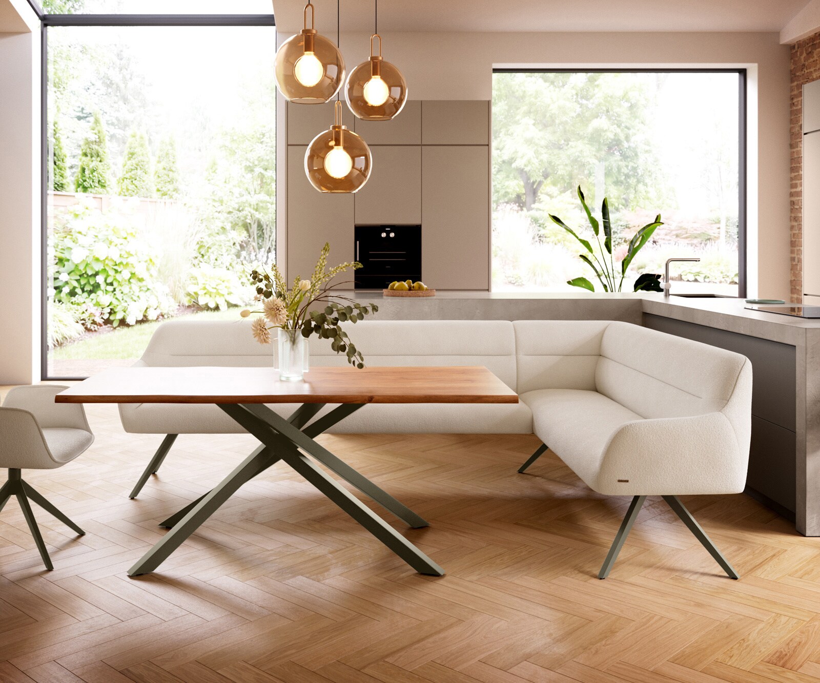 Esszimmerbank Taya-Flex 285x190 cm Bouclé Creme-Weiß Kreuzgestell kantig Effektfinish Titan Taschenfederkern Links 1