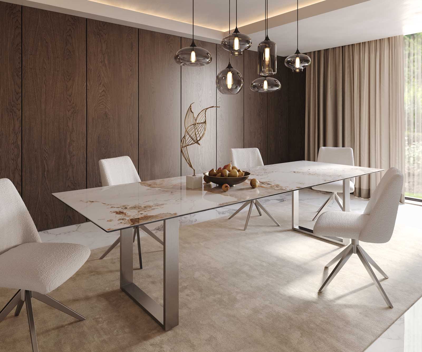 Esstisch Edge 300x100 Keramik Minas Melange Weiß-Beige Edelstahl Schmal 1