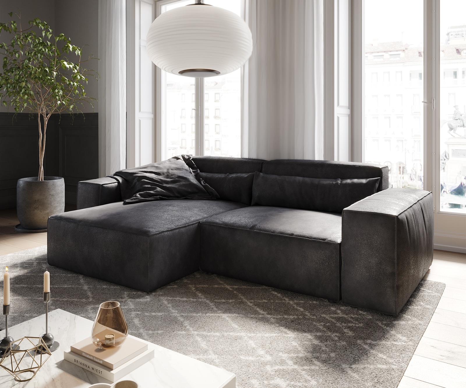 Ecksofa Sirpio 230x155 cm Lederimitat Vintage Anthrazit Recamiere variabel