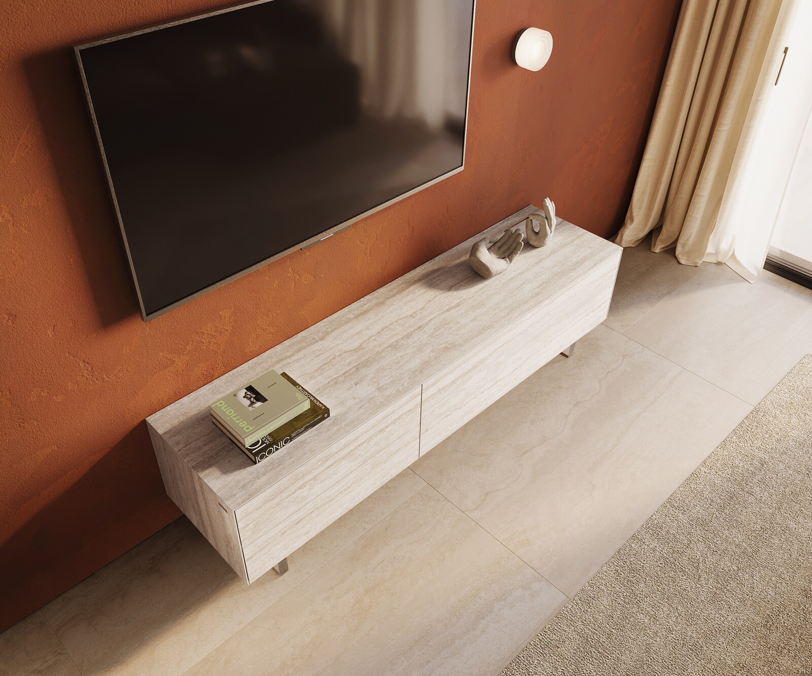 Lowboard Cuor 180 cm Keramik Laminam® Travertino Bianco Creme-Weiß 1 Klappe 2 Schubfächer Fuß Schwebeoptik Acrylglas 4