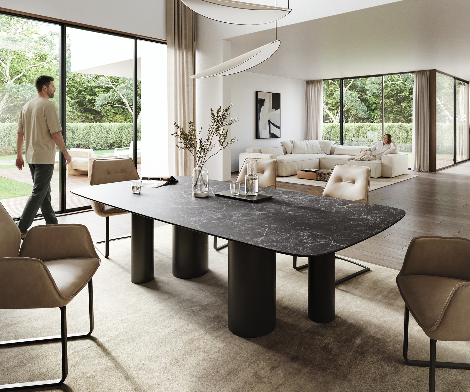 Esstisch Edge Boot 260x120 cm Keramik Laminam® Nero Greco Anthrazit Pilier Metall Schwarz