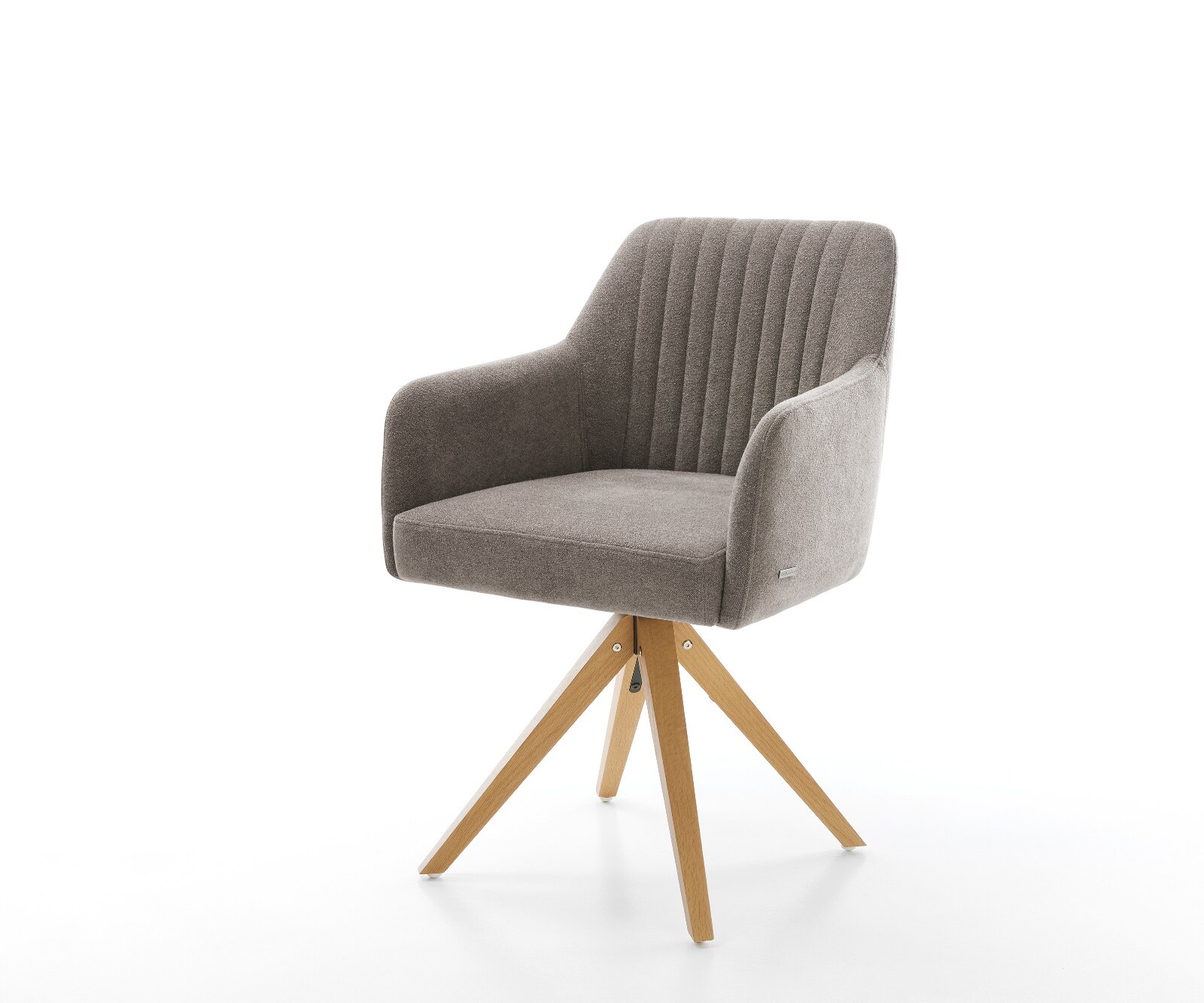 Chaise-pivotante Greg-Flex tissu structuré doux taupe pied en bois angulaire naturel pivotement sur 180° ressorts ensachés