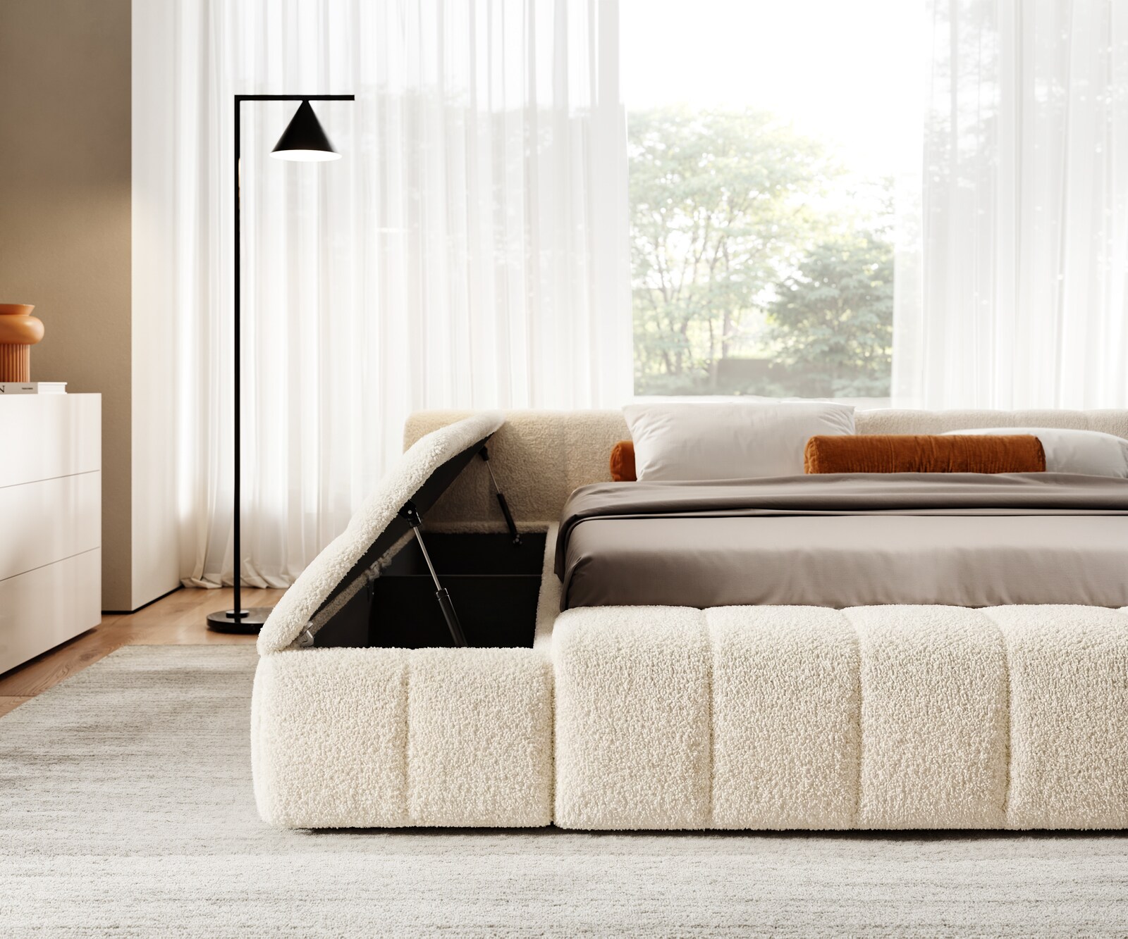 Polsterbettgestell Espazio 180x200 cm Teddystoff Beige mit Stauraum 4