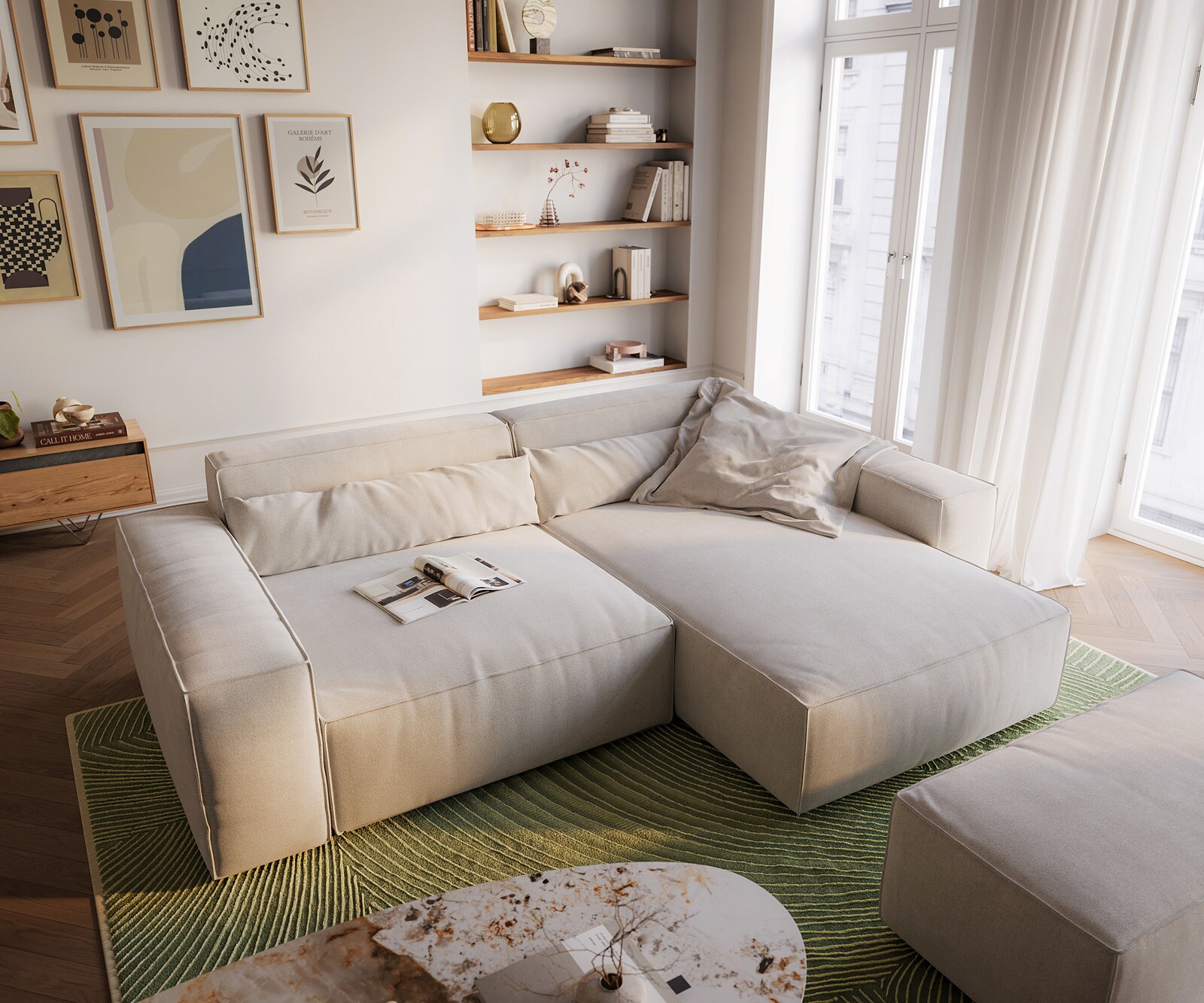 Ecksofa Sirpio XL 270x170 cm Strukturstoff Soft Beige Recamiere variabel mit Hocker 3