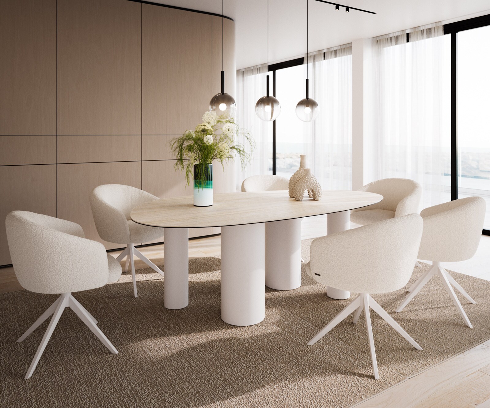 Esstisch Edge Oval 220x120 Keramik Laminam®Travertino Bianco Creme-Weiß ​Pilier Metall Weiß 6