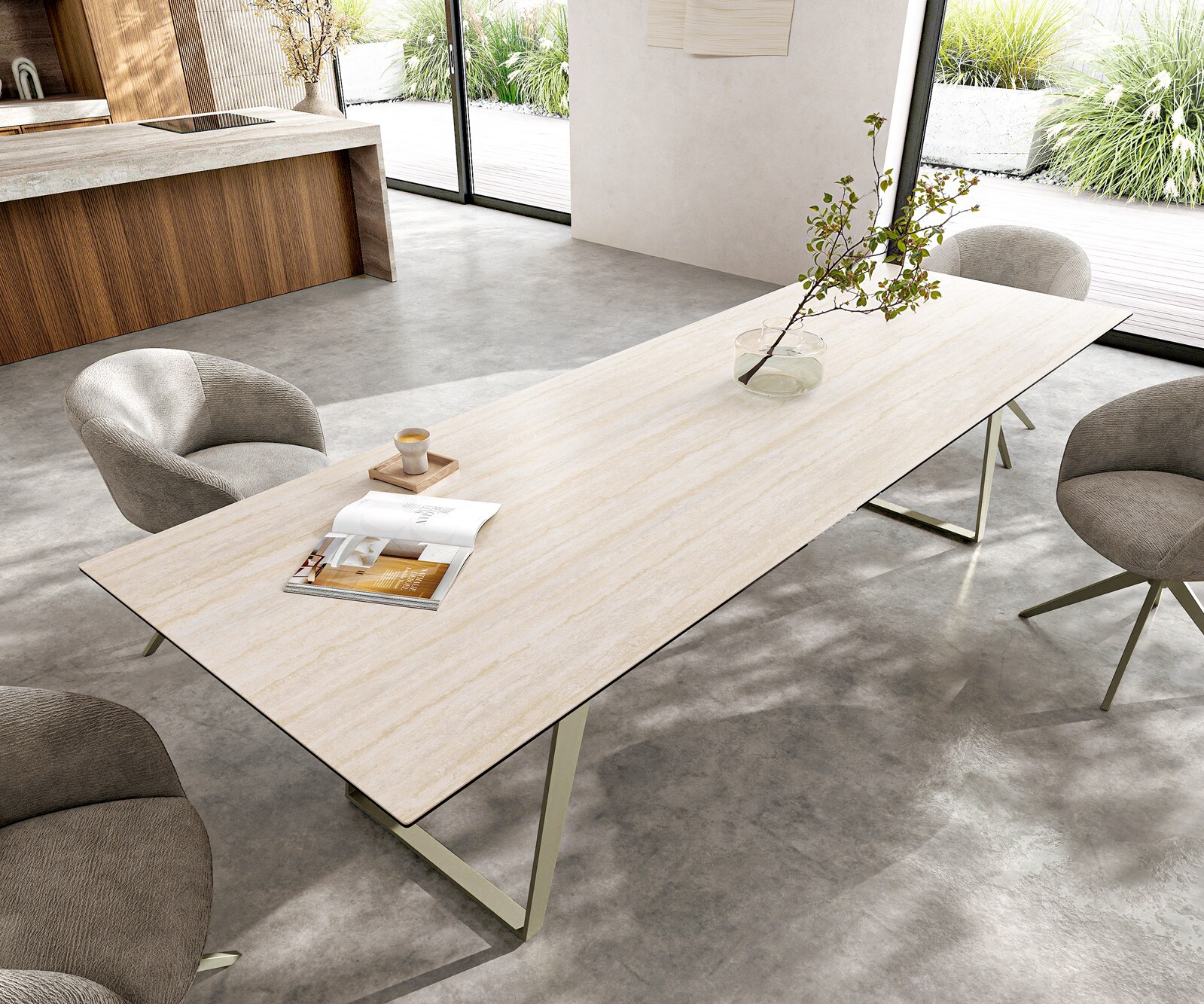 Esstisch Edge 300x100 cm Keramik Laminam® Travertino Bianco Creme-Weiß Metall Schräg Effektfinish Titan 3