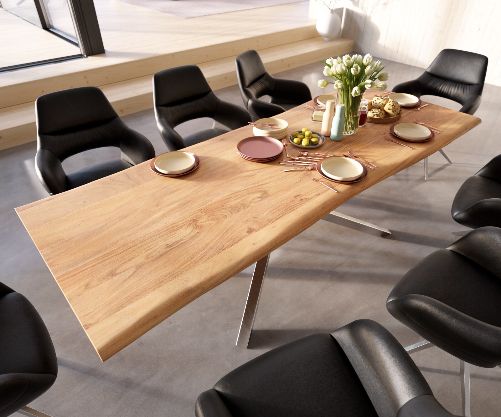 Esstisch Edge 260x100 Akazie Natur Kreuzgestell Rechteck Edelstahl Live-Edge 3