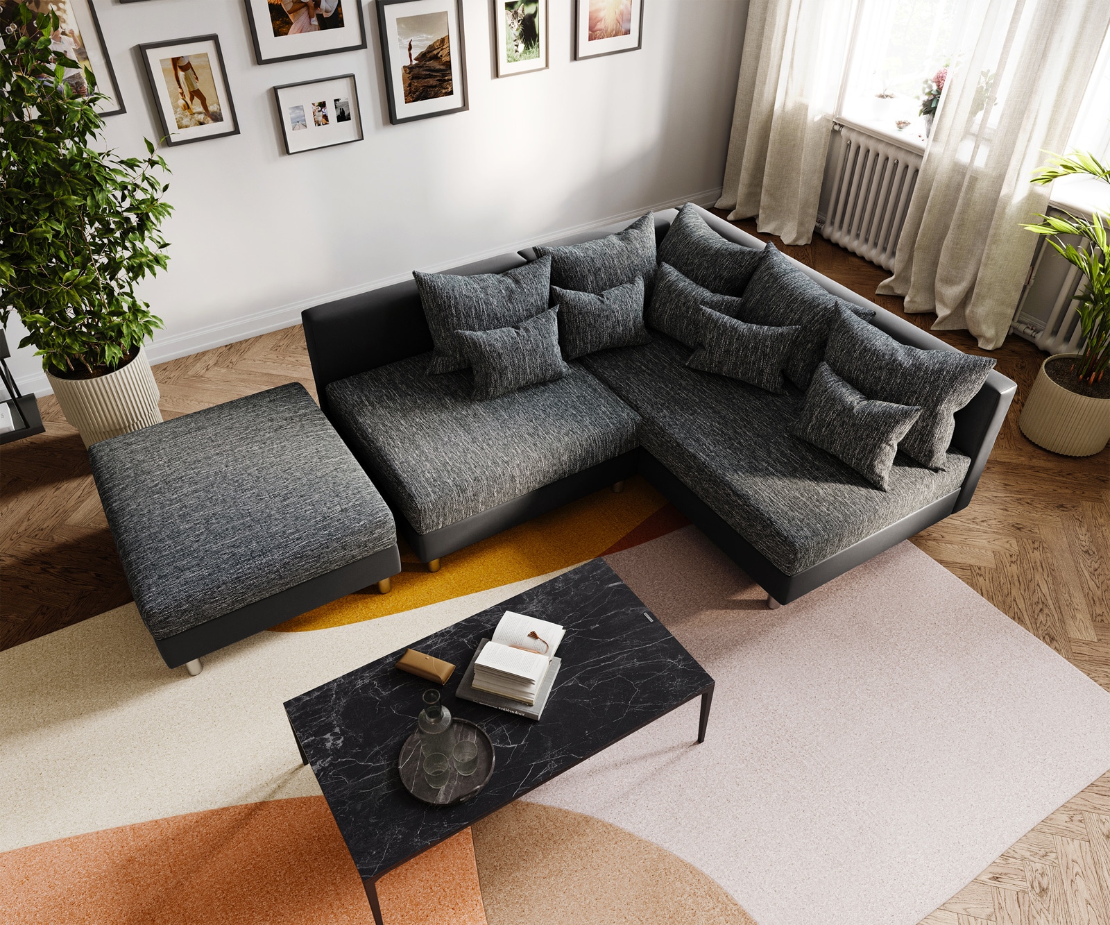 Ecksofa Clovis Schwarz mit Hocker Ottomane Rechts Modular 5