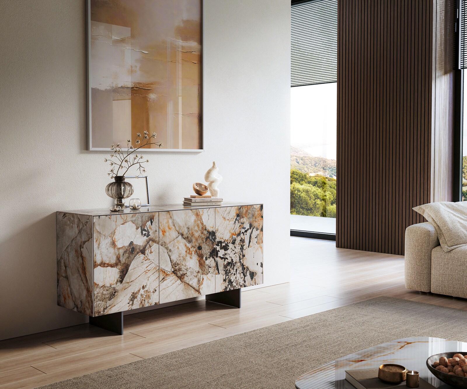 Sideboard Cuor 150 cm Keramik Patagonia Poliert 3 Türen Fuß Schwebeoptik Metall Schwarz