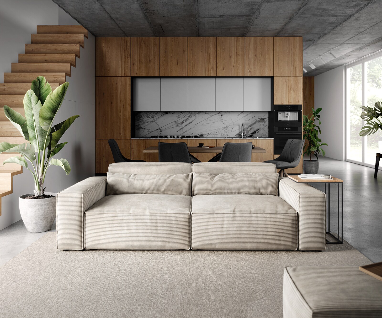 Big-Sofa Sirpio 230x90 cm Cord Beige mit Hocker 2