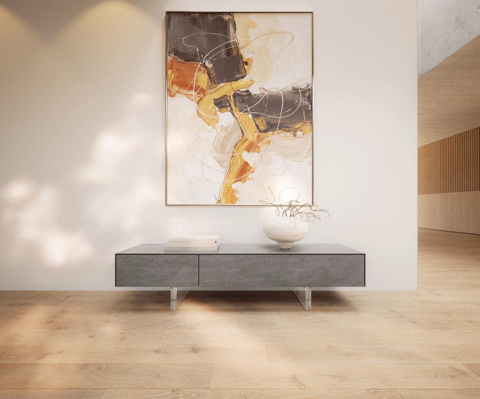 Lowboard Cuor 150 cm Keramik Beton Grau 1 Klappe 1 Schubfach Fuß Schwebeoptik Acrylglas 1