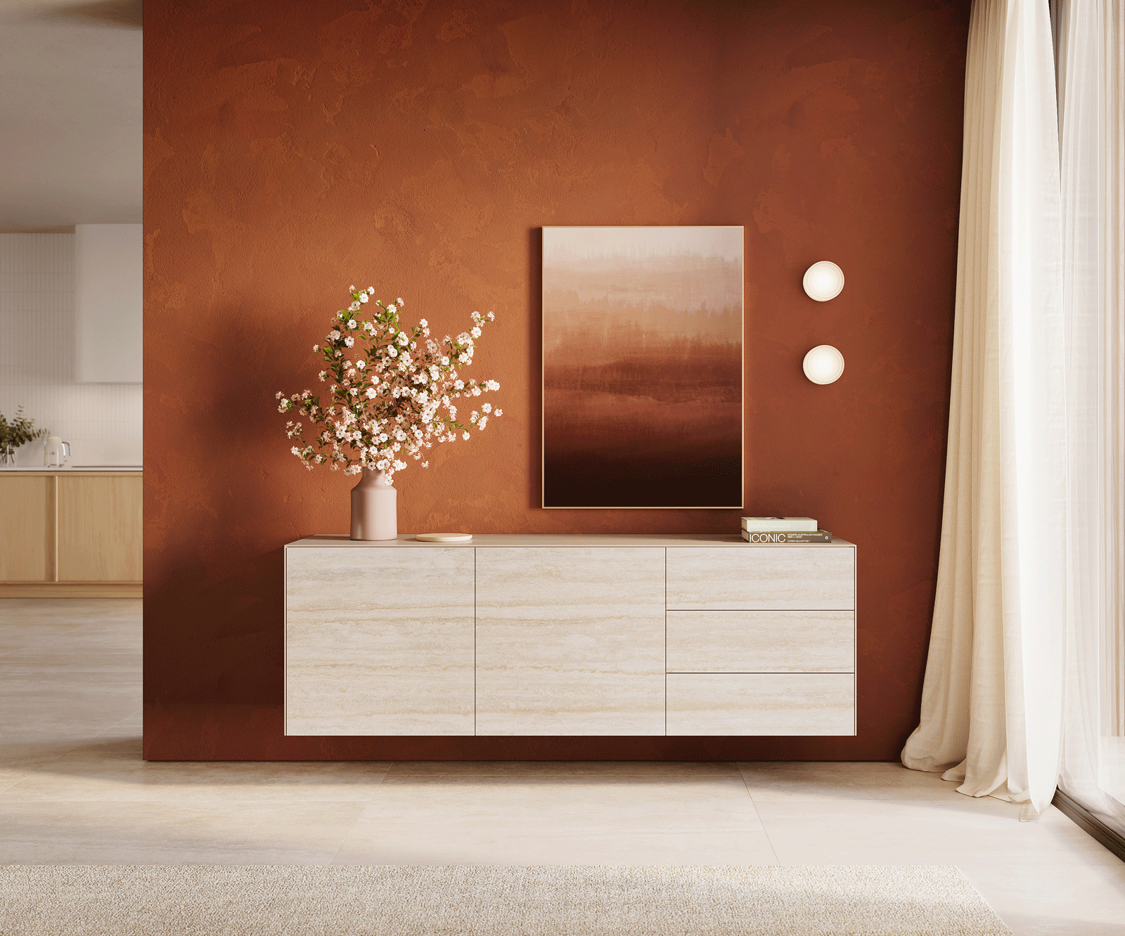 Sideboard Cuor 180 cm Keramik Laminam® Travertino Bianco Creme-Weiß 2 Türen 3 Schubfächer Schwebend 1