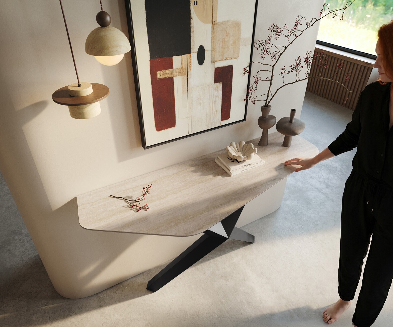 Konsolentisch Edge Polygonal 140x50 cm Keramik Laminam® Travertino Bianco Creme-Weiß Zentharo Metall Schwarz 1