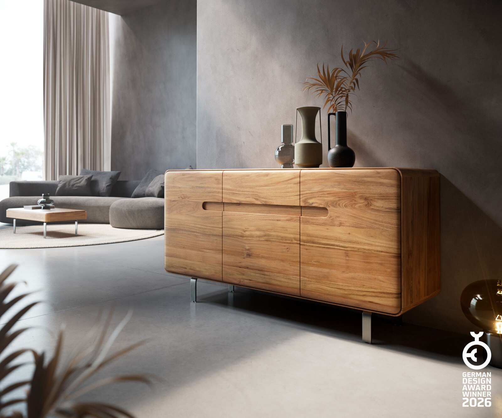 Sideboard Anaya 145 cm Akazie Natur 3 Türen L-Fuß Edelstahl
