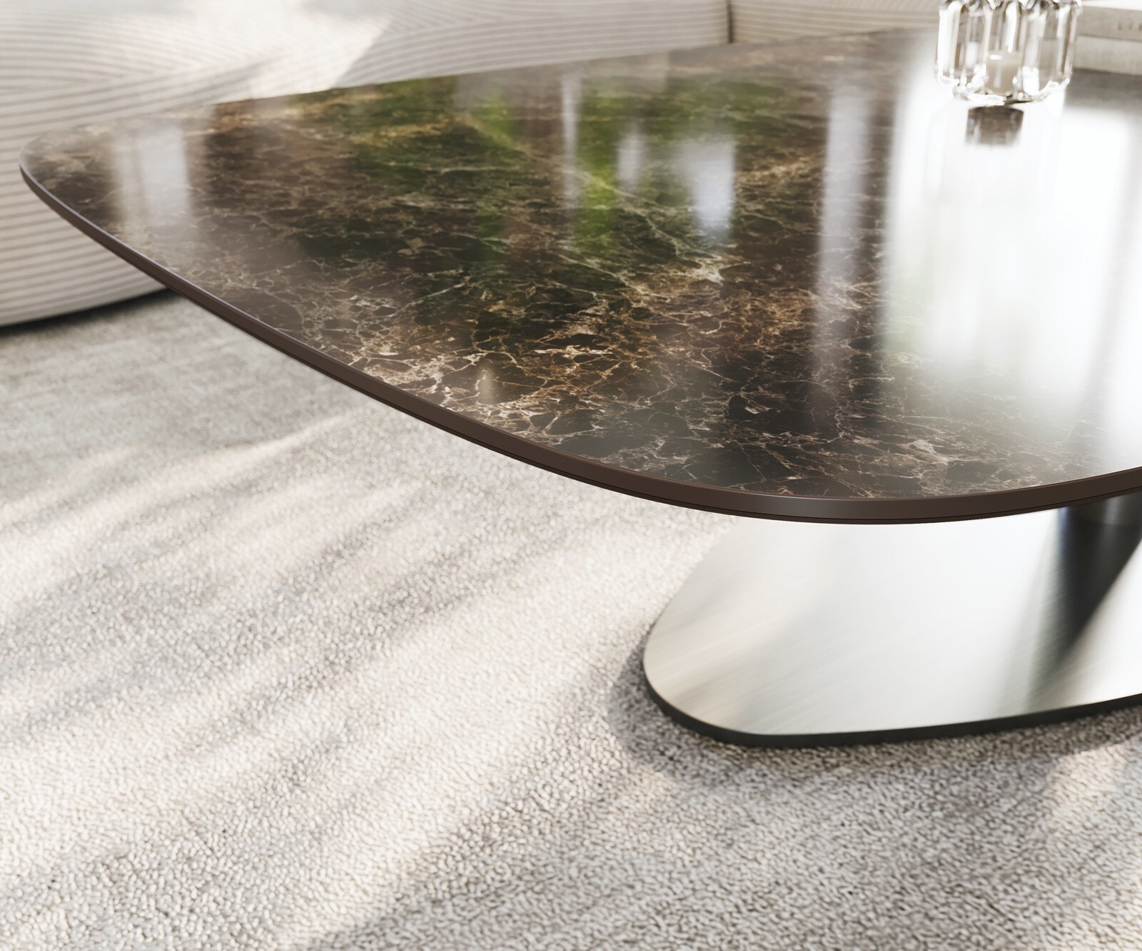 Couchtisch Edge Boot 140x80 cm Keramik Emperador Extra Lucidato Dunkelbraun Vibany Edelstahl gebürstet 6