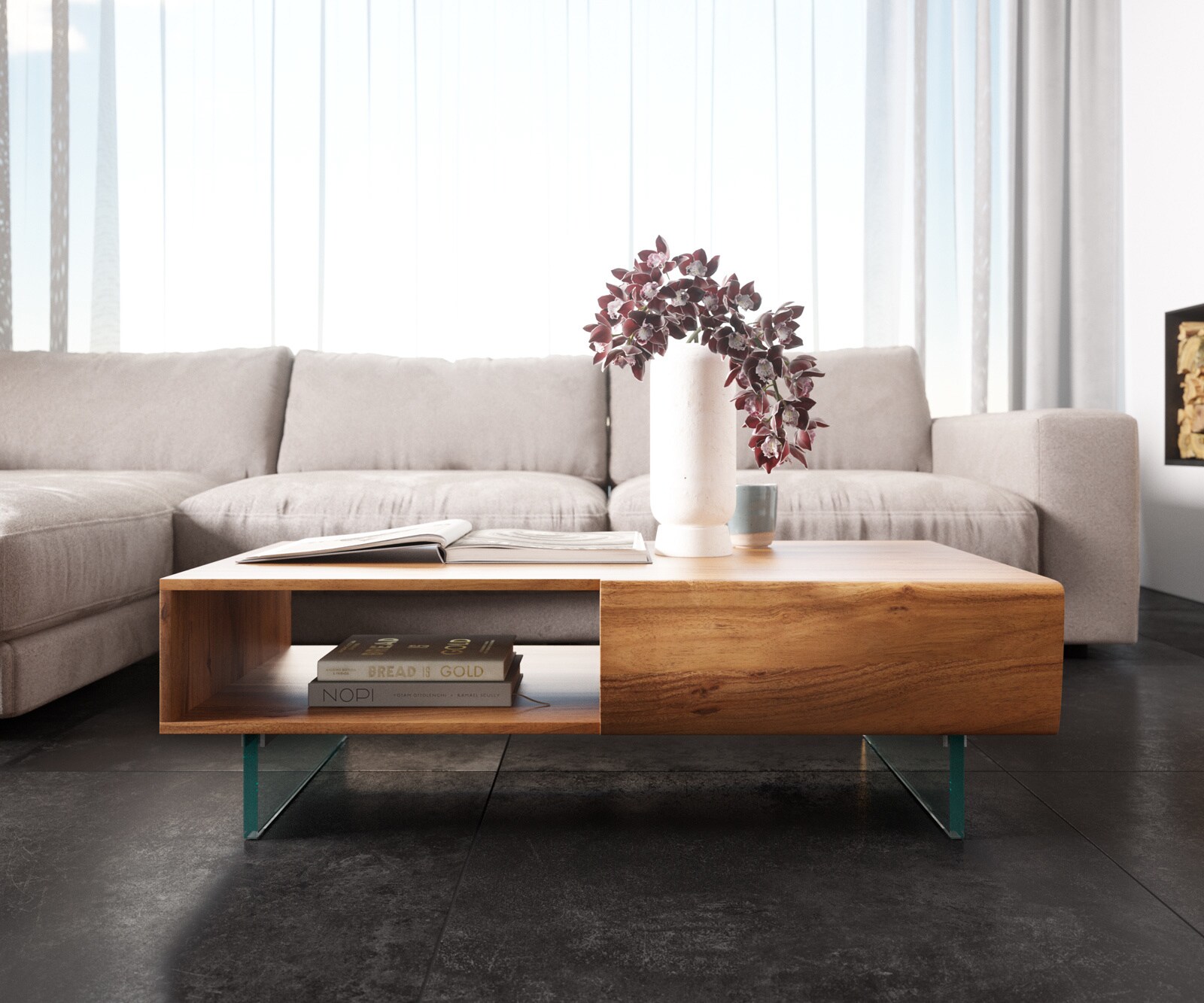 Couchtisch New Live-Edge 115x60 cm Akazie Natur 2 Schubladen 1 Fach Glasfuß schwebend 2