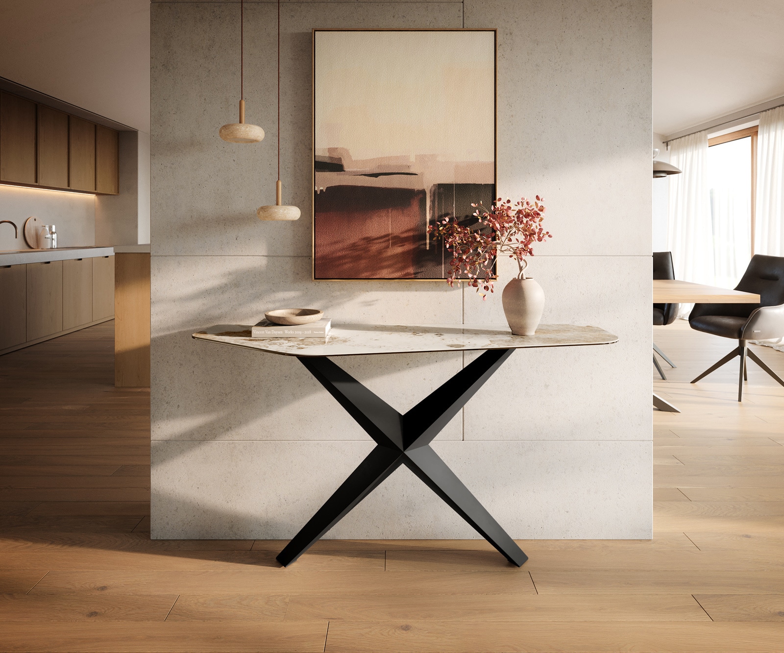 Konsolentisch Edge Polygonal 140x50 cm Keramik Minas Melange Weiß-Beige Zentharo Metall Schwarz 3