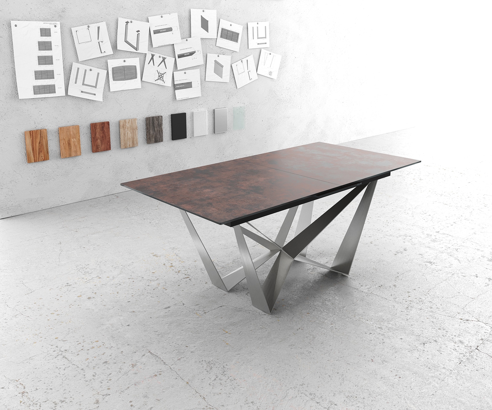 Esstisch Edge 180/220x90cm Glas Antique-braun Mittelfuß Flachstahl Silber Ausziehbar 1 Esstisch Edge 180/220x90cm Glas Antique-braun Mittelfuß Flachstahl Silber Ausziehbar 1