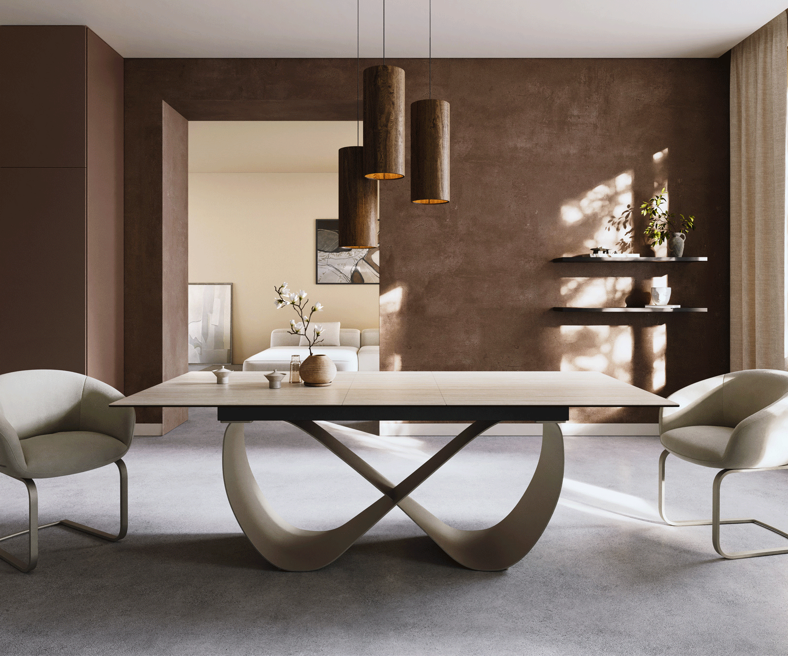 Esstisch Edge 180-220x100 Keramik Laminam® Travertino Bianco Creme-Weiß Infinity Metall Effektfinish Titan ausziehbar 2