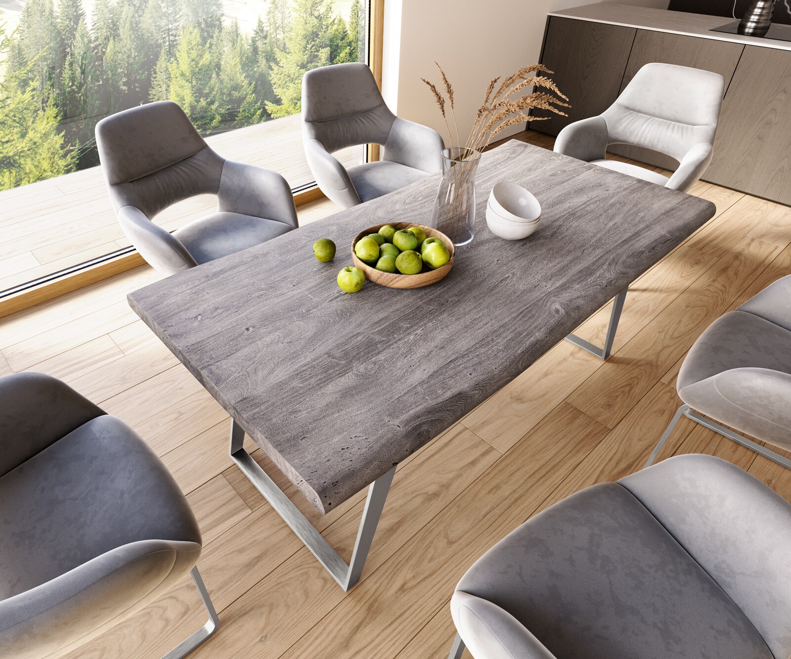 Esstisch Edge 180x90 XL Akazie Platin Edelstahl Schräg Live-Edge 5
