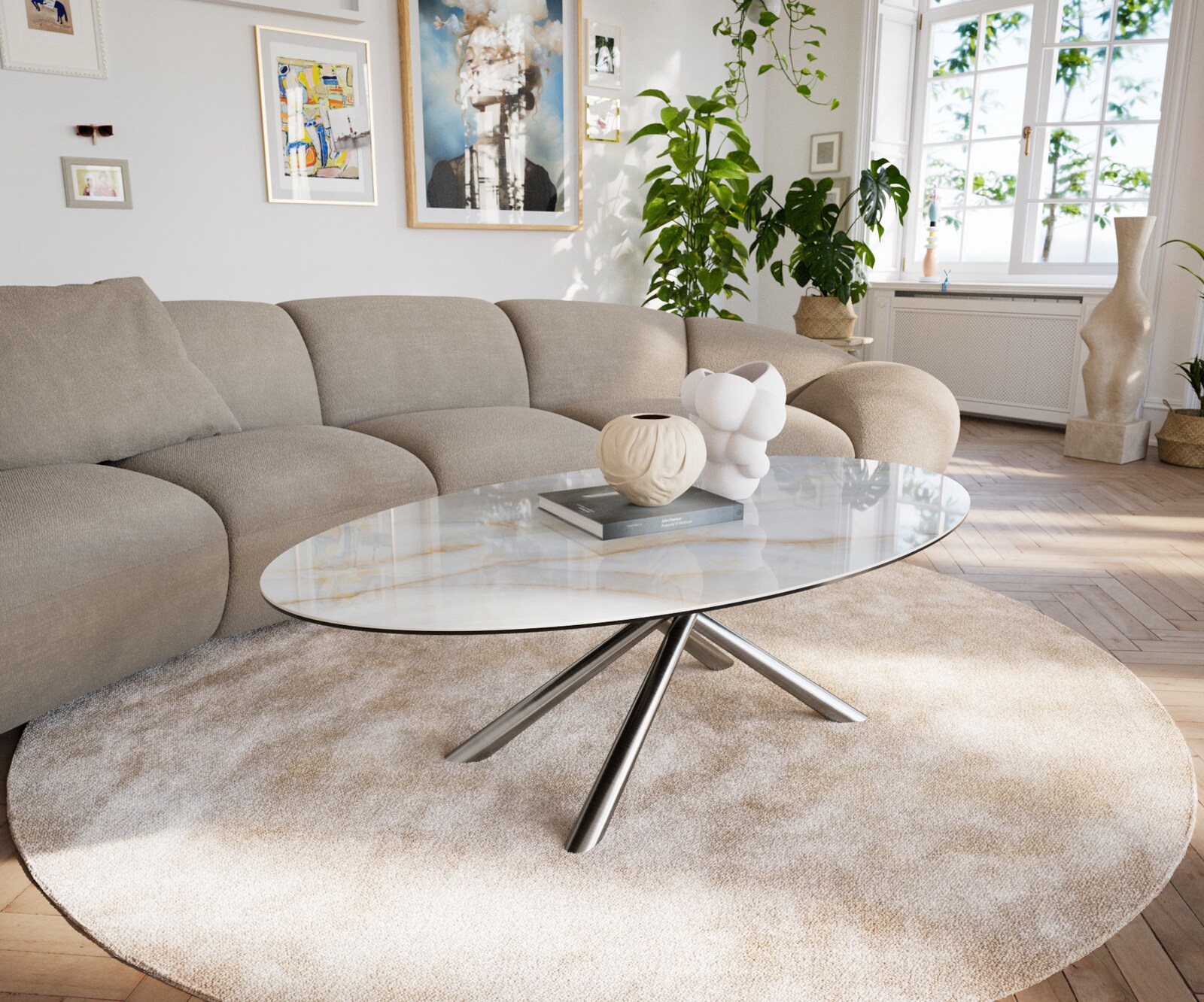 Couchtisch Edge Oval 140x80 cm Keramik Onyx Pearl Sarity Edelstahl gebürstet 1