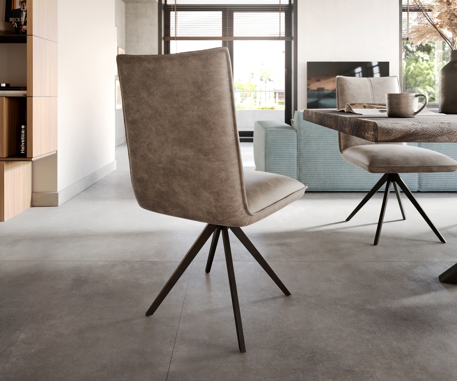 Esszimmerstuhl Lelio-Flex Mikrofaser Taupe Vintage Kreuzgestell breit Schwarz Taschenfederkern 5