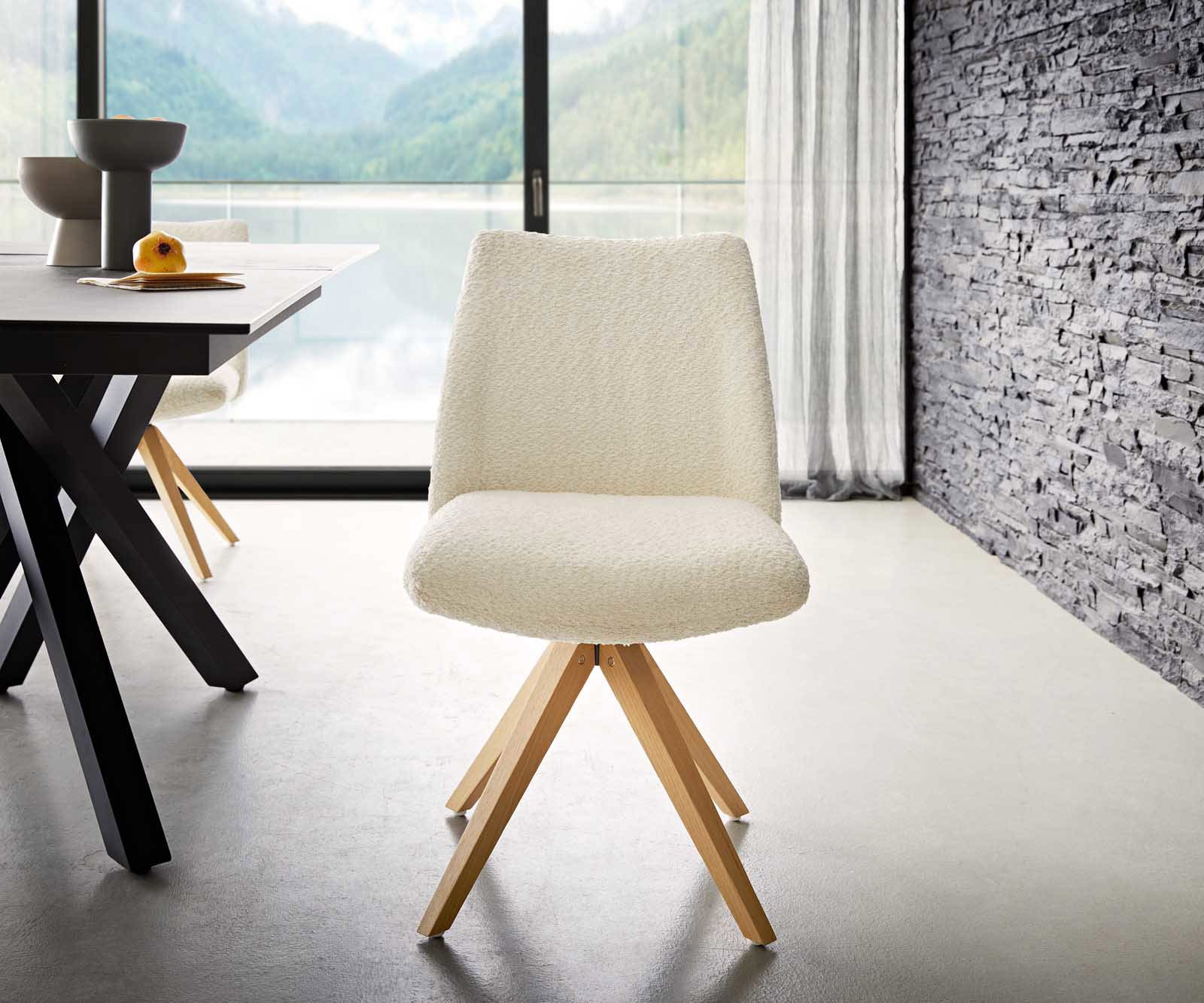 Drehstuhl Elso-Flex Bouclé Weiß Holzgestell kantig Natur 180° drehbar Taschenfederkern 1