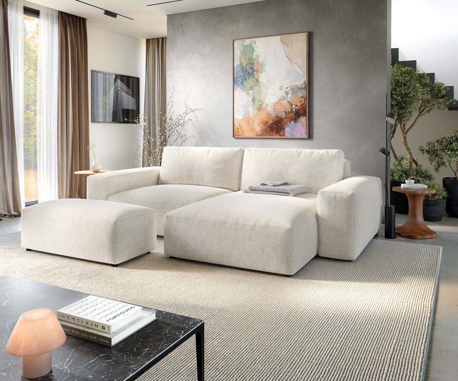 Ecksofa Lanzo XL 270x180 cm Strukturstoff Soft Beige Recamiere variabel mit Hocker