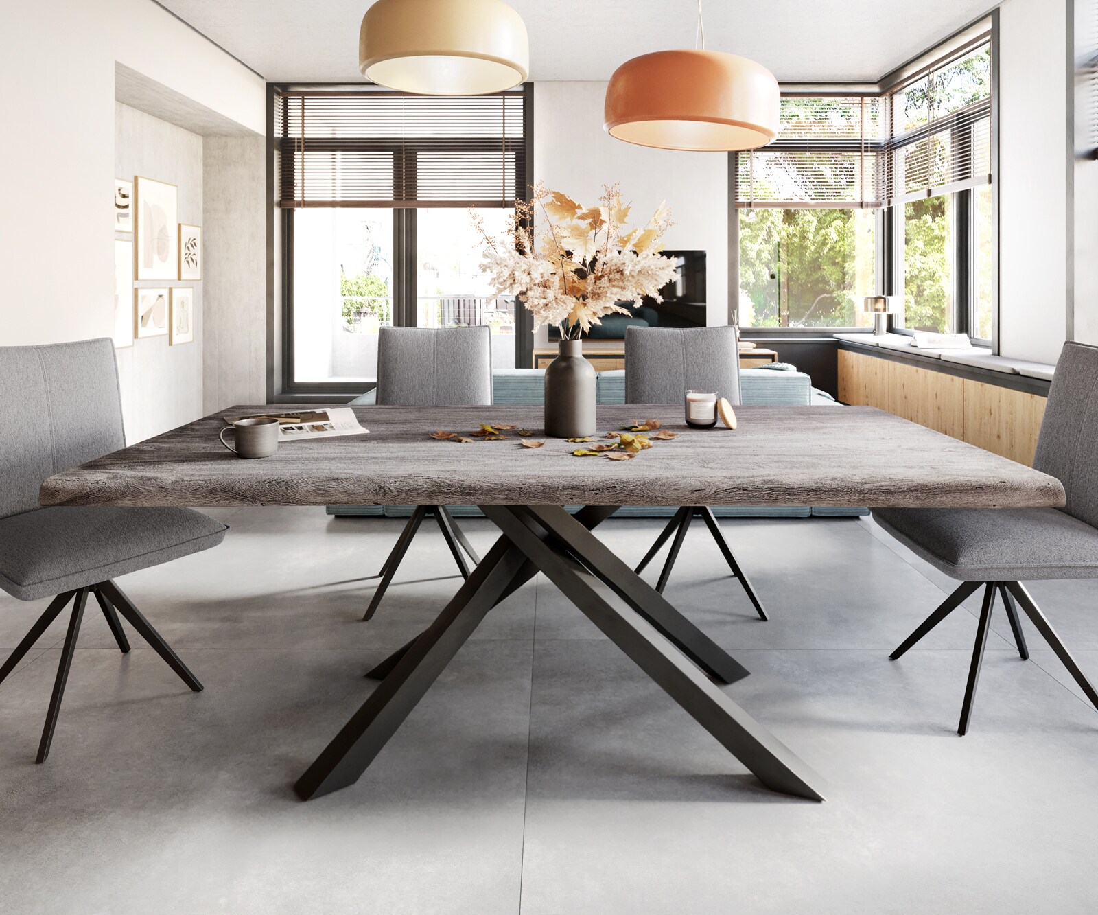 Esstisch Edge 200x100 XL Akazie Platin Kreuzgestell Rechteck Schwarz Live-Edge 1