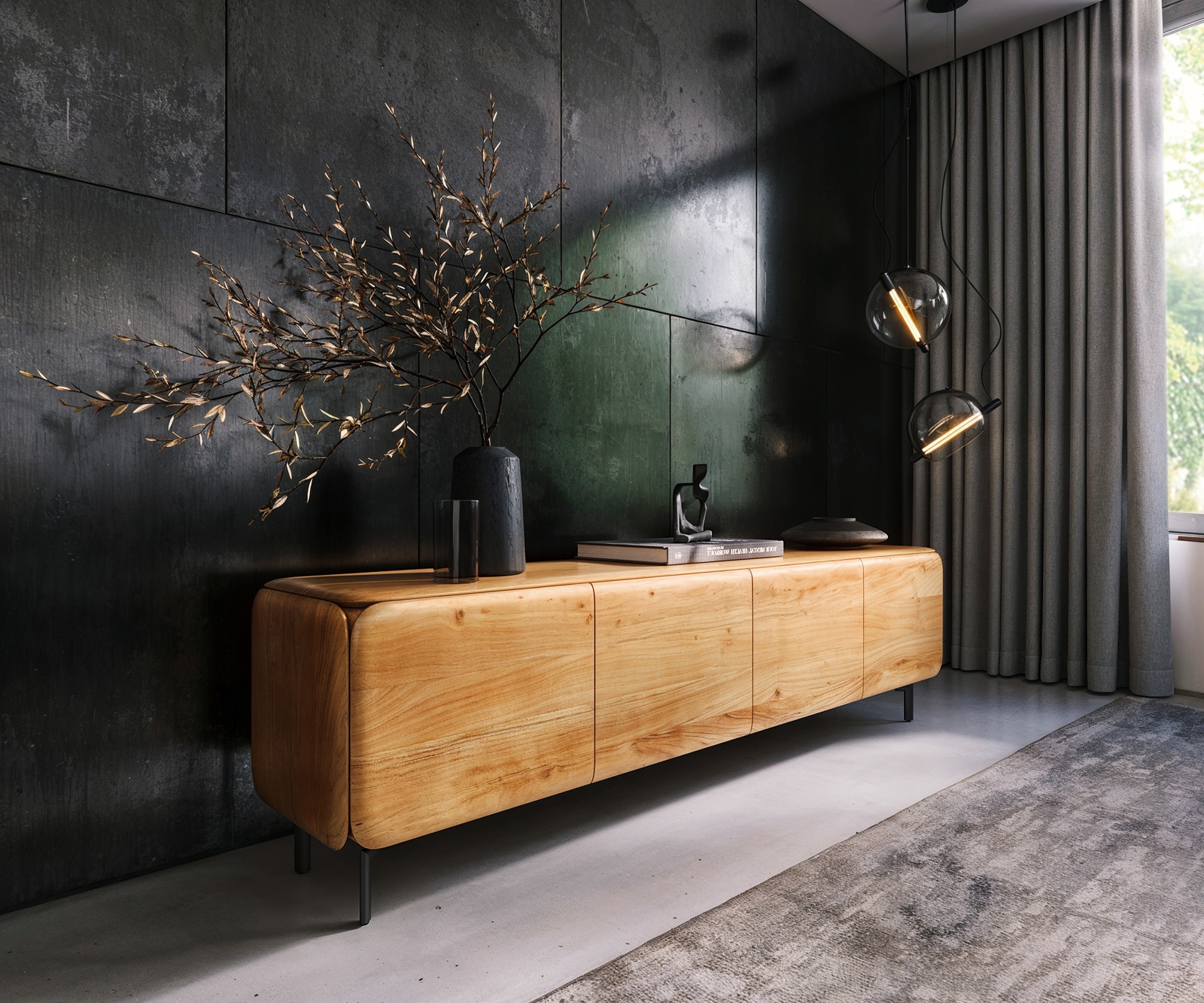 Lowboard Shavani 200 cm Akazie Natur 4 Türen Fuß Oval Metall Schwarz Lowboard Shavani 200 cm Akazie Natur 4 Türen Fuß Oval Metall Schwarz