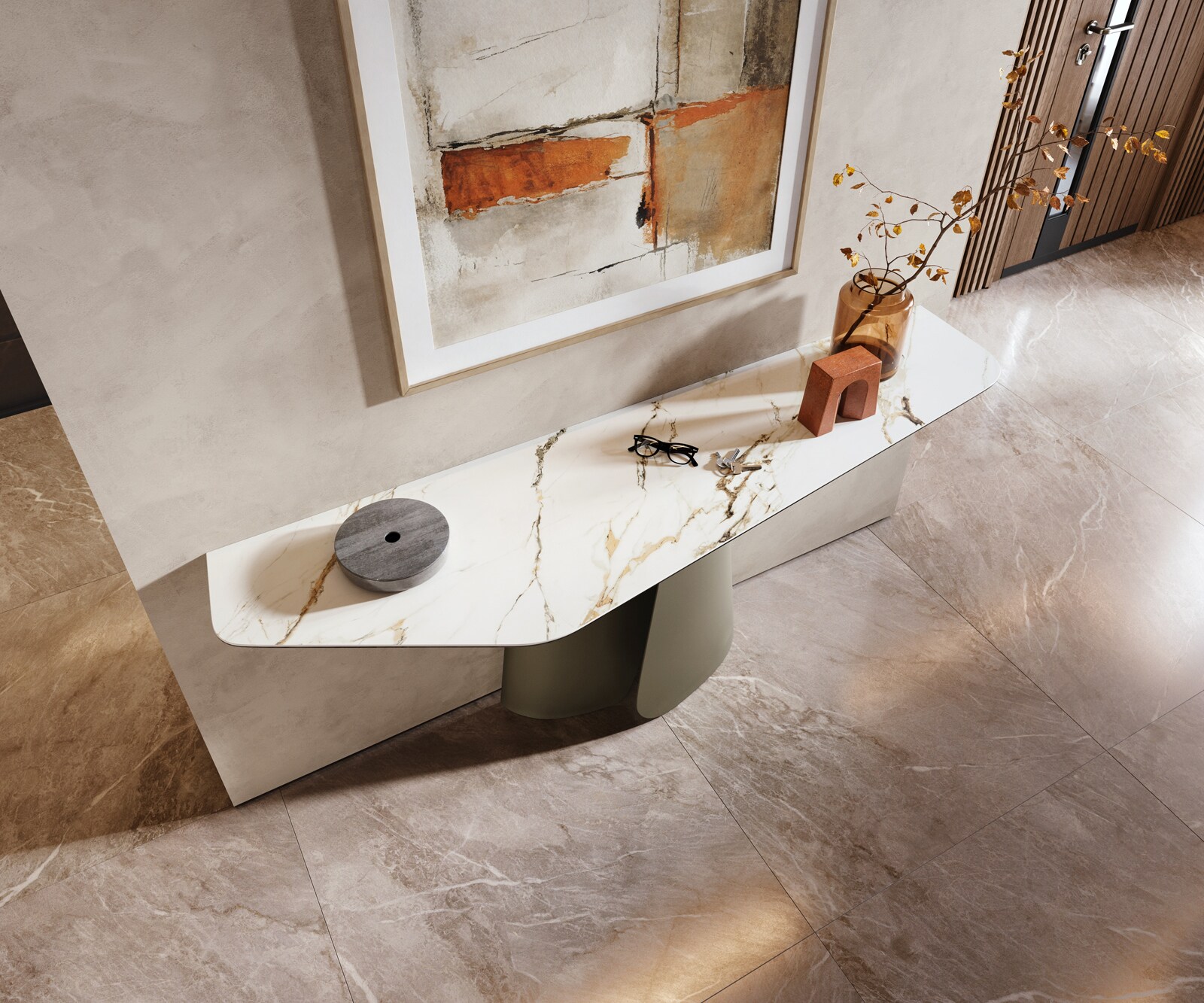 Konsolentisch Edge Polygonal 180x50 cm Keramik Calacatta Luxe Weiß-Gold-Grau Livos Metall Effektfinish Titan 2