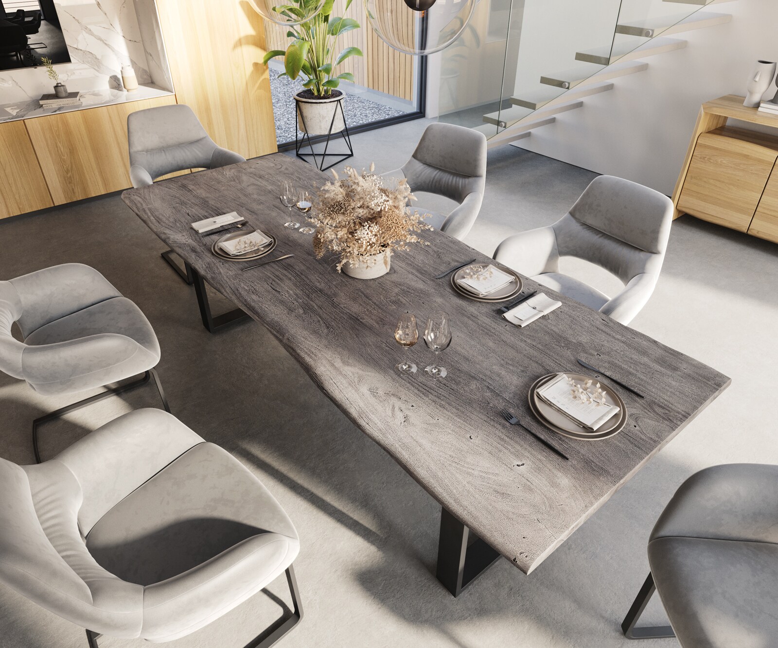 Esstisch Edge 260x100 Akazie Platin Metall Schmal schwarz Live-Edge 3
