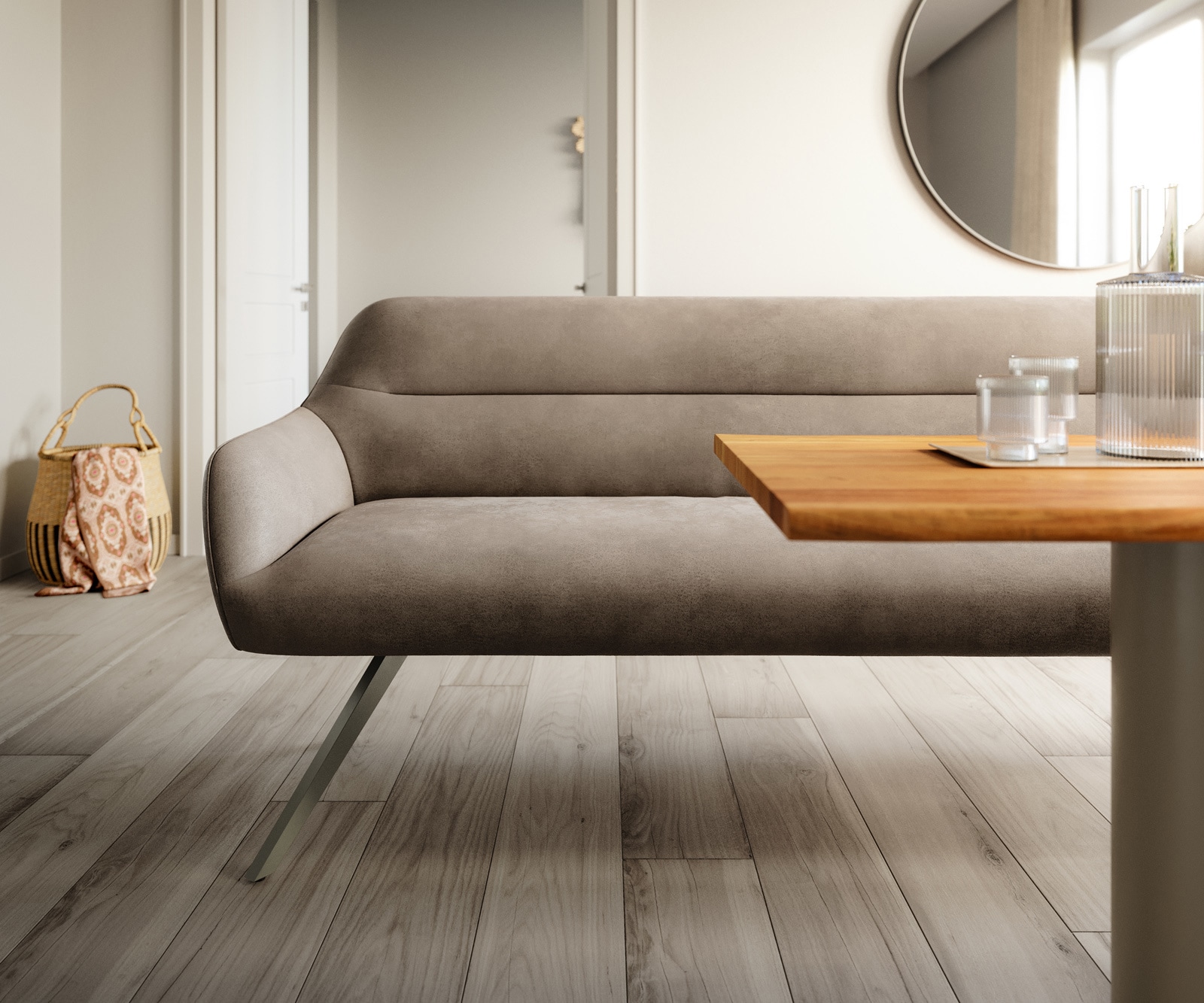 Esszimmerbank Taya-Flex 200 cm Mikrofaser Taupe Vintage Kreuzgestell kantig Effektfinish Titan Taschenfederkern 1