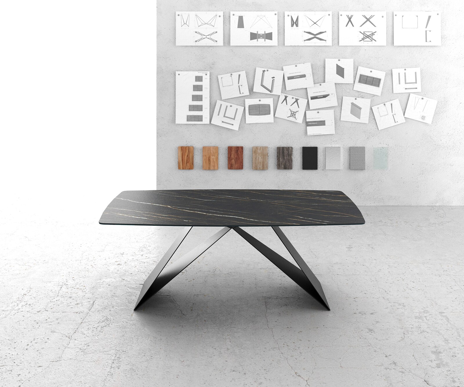 Esstisch Edge Bootsform 200x100cm Laminam® Keramik Noir Desir Braun V-Mittelfuß Schwarz 2
