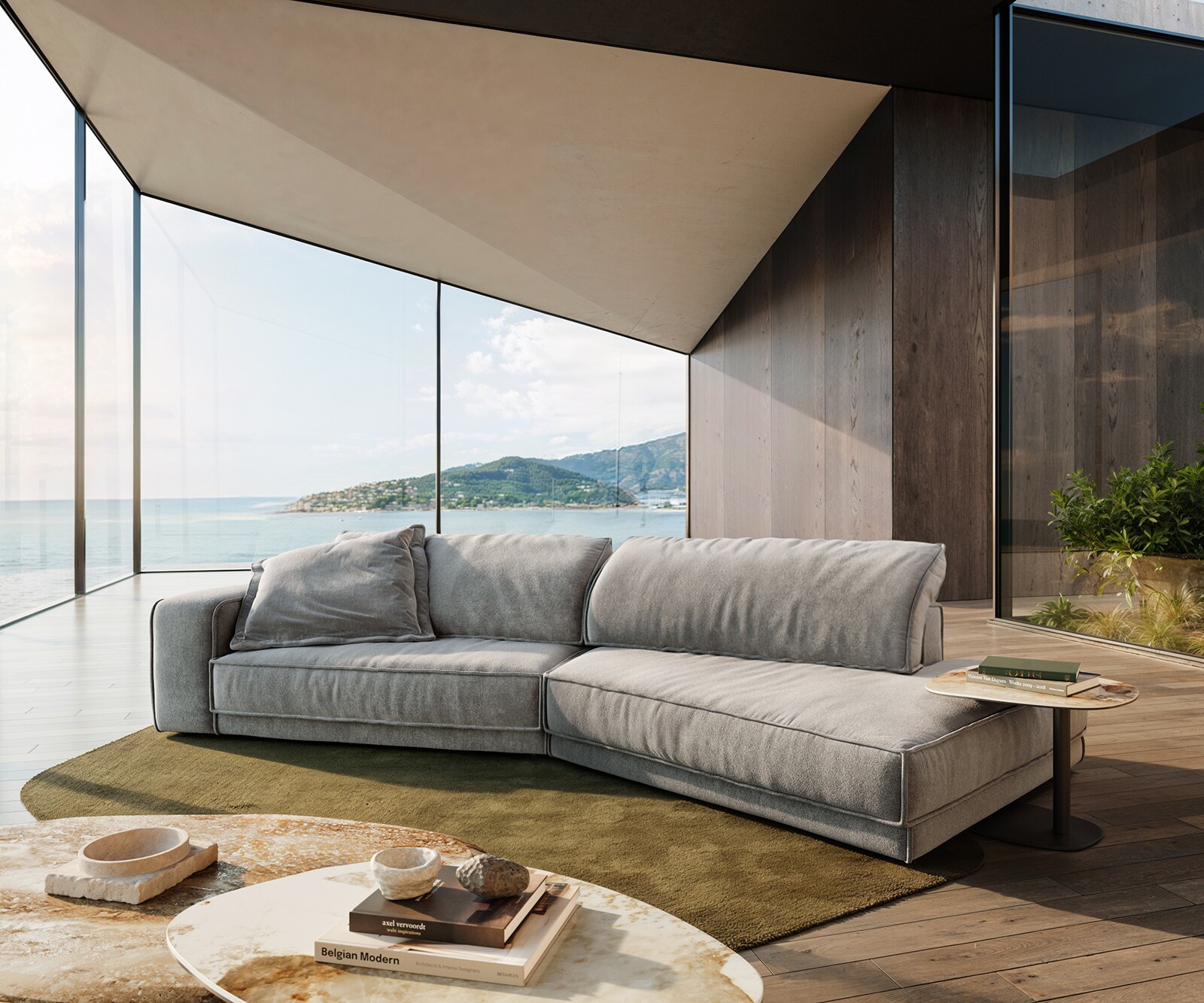 DELIFE Big-Sofa Snoosh 400x150 cm Strukturstoff Soft Grau Recamiere rechts