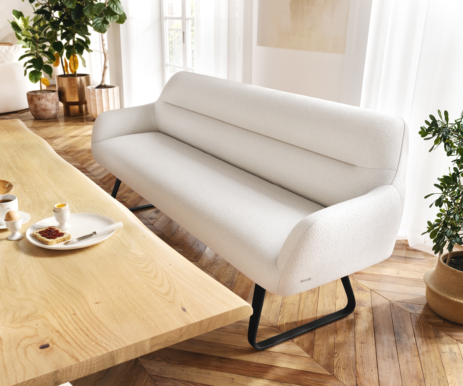 Esszimmerbank Taya-Flex 200 cm Bouclé Creme-Weiß Kufengestell flach Schwarz Taschenfederkern 1