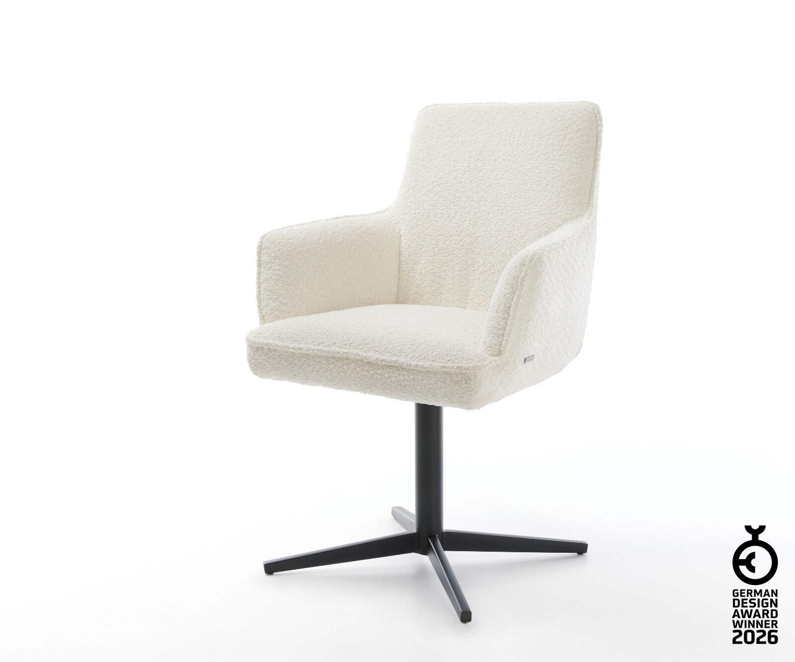 Drehstuhl Heira-Flex mit Armlehnen Bouclé Weiß Fußkreuz Schwarz 360° drehba günstig online kaufen