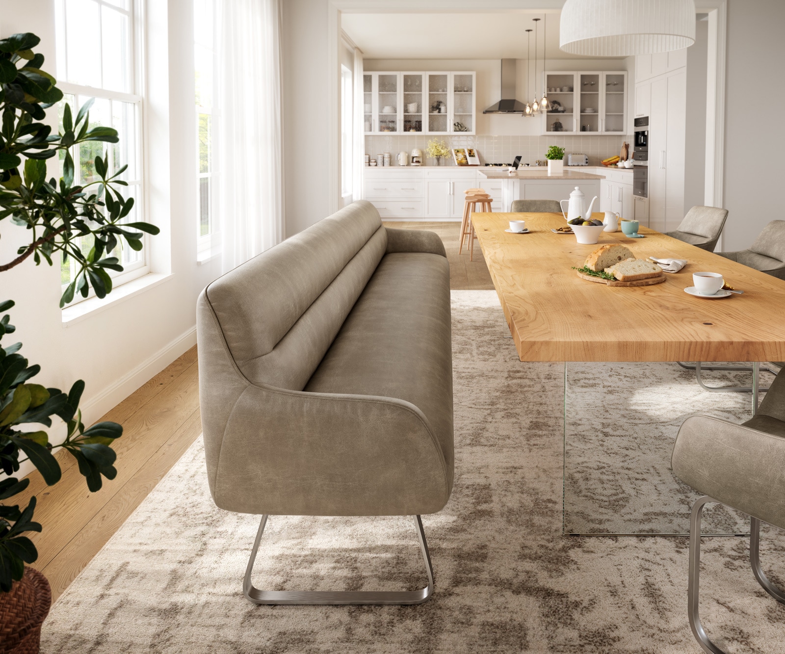 Esszimmerbank Taya-Flex 300 cm Mikrofaser Beige Vintage Kufengestell flach Edelstahl Taschenfederkern 1